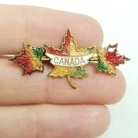 Vintage Enamel Canada Maple Leaf Bar Brooch, Colorful Fall Tones, Canadian - Picture 1 of 6